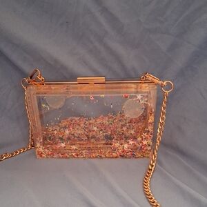 Transparent Confetti Clutch with Gold Chain
